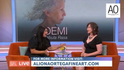 Aliona Ortega speaking live on NBCUniversal South Florida Live program about Demi Tabula Rasa exhibition opening